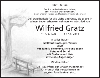 Anzeige von Wilfried Gratz von Mindener Tageblatt